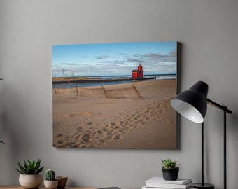 Lienzo impreso del faro Big Red, escena invernal del parque estatal Holland