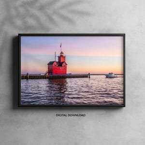 Seaside Escape: Big Red Lighthouse | Holland State Park Lighthouse Art Print | Sunset Lake Michigan Photography | Coastal Digital Decor |