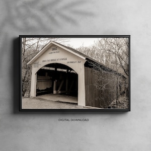 Covered Bridge Digital Image | Black and White Wooden Bridge Printable | Indiana Rustic Bridge Poster | Historic Bridge Photography |