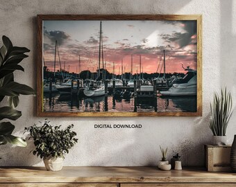Holland Marina Sunrise Digital Print | Michigan Pink Sky Reflections Printable | Lake Macatawa Sailboats | Morning Light Lake Photography |
