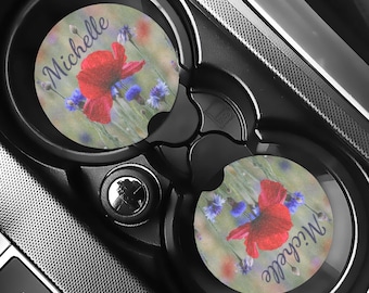 Porta-copos personalizado para carro com papoulas e centáureas, em pedra-sabão absorvente com estampa floral, ideal para quem usa transporte público.