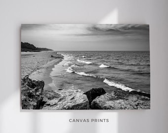 Lake Michigan Canvas Print: Monochrome Rocky Shoreline Wall Art