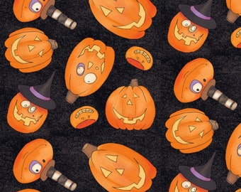 SALE - Pumpkin Gang Jack-o-Lanterns Toss in Black by Studio E - 1 Yard
