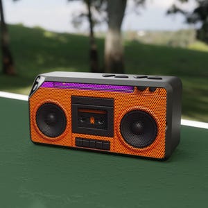 May include: A rectangular portable speaker designed to resemble a vintage boombox with a bright orange perforated metal grille, two circular speakers, a central cassette tape deck graphic, and a purple light strip along the top edge.