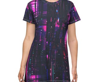 May include: A short-sleeved dress with a vibrant, abstract design. The dress features a dark background with vertical and horizontal lines in shades of pink, purple, and blue, creating a futuristic, cityscape-like pattern. The dress has a round neckline.