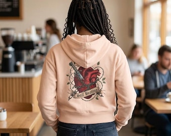 Anatomical Heart with Banner Crop Hoodie | Botanical, Vintage Tattoo Style