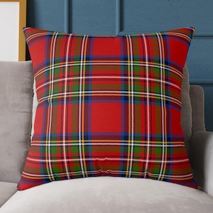 Red Plaid Throw Pillow, Tartan Farmhouse Cushion