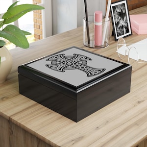 Celtic Cross Rubberwood Jewelry Box: Glossy Keepsake Organizer