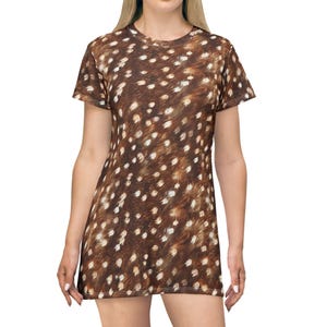 Spotted Fawn Fur Pattern T-Shirt Dress | All-Over Print image 1