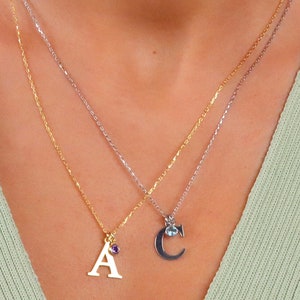 Collar de plata con inicial y piedra de nacimiento, collar con piedra de nacimiento personalizado, collar con letra personalizada, dije con inicial de oro, regalo de cumpleaños para ella
