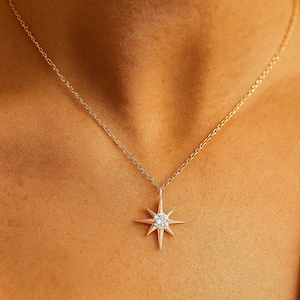 Gold Plated Minimalist North Star Pave Pendant Necklace, Celestial Necklace, Colorful North Star Necklace, Polaris Necklace, Gift for her