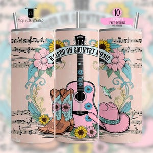 Rehaussé sur le papier peint de verre de musique country, sublimation de cow-girl occidentale PNG, papier peint de cow-girl rustique 20 oz, fille de ferme rose PNG, téléchargement immédiat PNG