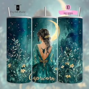 Steenbok dierenriem beker wrap, vrouw met geit tattoo png, bloemen en maan ontwerp, 20oz magere beker png sublimatie, digitale download
