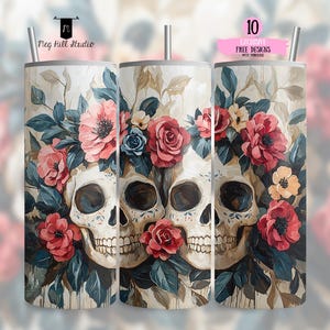 Floral Skulls Tumbler Wrap, Flower Crown Skulls 20 oz Skinny Tumbler PNG Design de sublimação, Gothic Dark Floral Skull PNG, Download digital