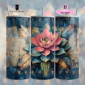 Emballage de verres succulentes et plumes, design floral bohème, sublimation de plantes du sud-ouest de la France rustique PNG, verre maigre 20 oz, téléchargement numérique