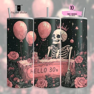 Olá 30 Skeleton Tumbler Wrap, Pink Black Party PNG, Design engraçado de aniversário assustador, Sublimação de copo fino de 20 onças, Download instantâneo PNG