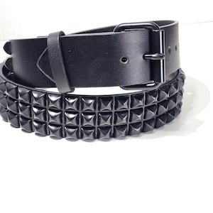 Three Row Black Pyramid Studded UK Punk Rock Genuine Leather Belt Snap Off Roller  Buckle Leather Loop
