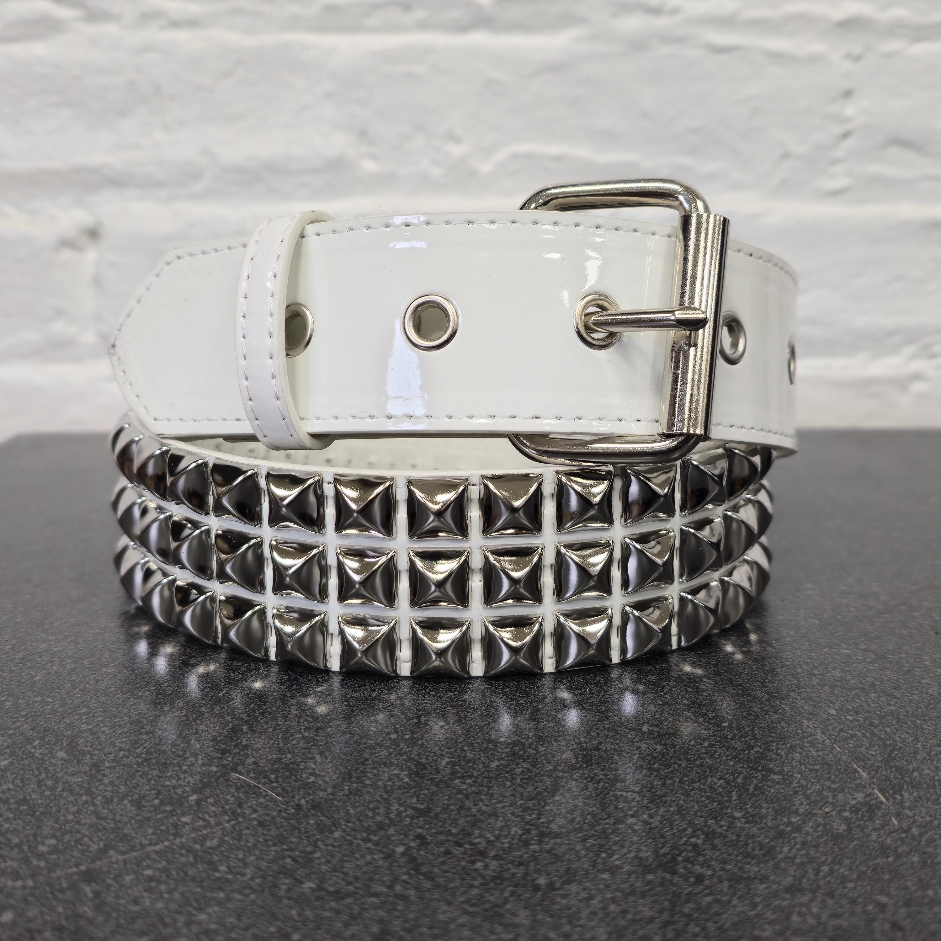 Glossy White Pyramid Studded Belt: Vegan Leather Punk Goth Style