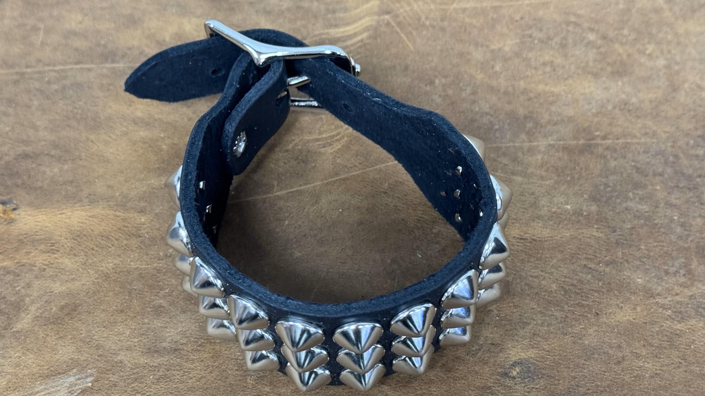 Three Row Cone Stud Conical Studded Buckle Cuff Genuine Leather Punk ...