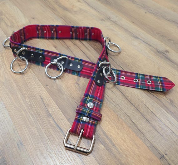 Plaid Bondage Belt, Large O-ring, Genuine Leather, Punk Goth  display picture 1