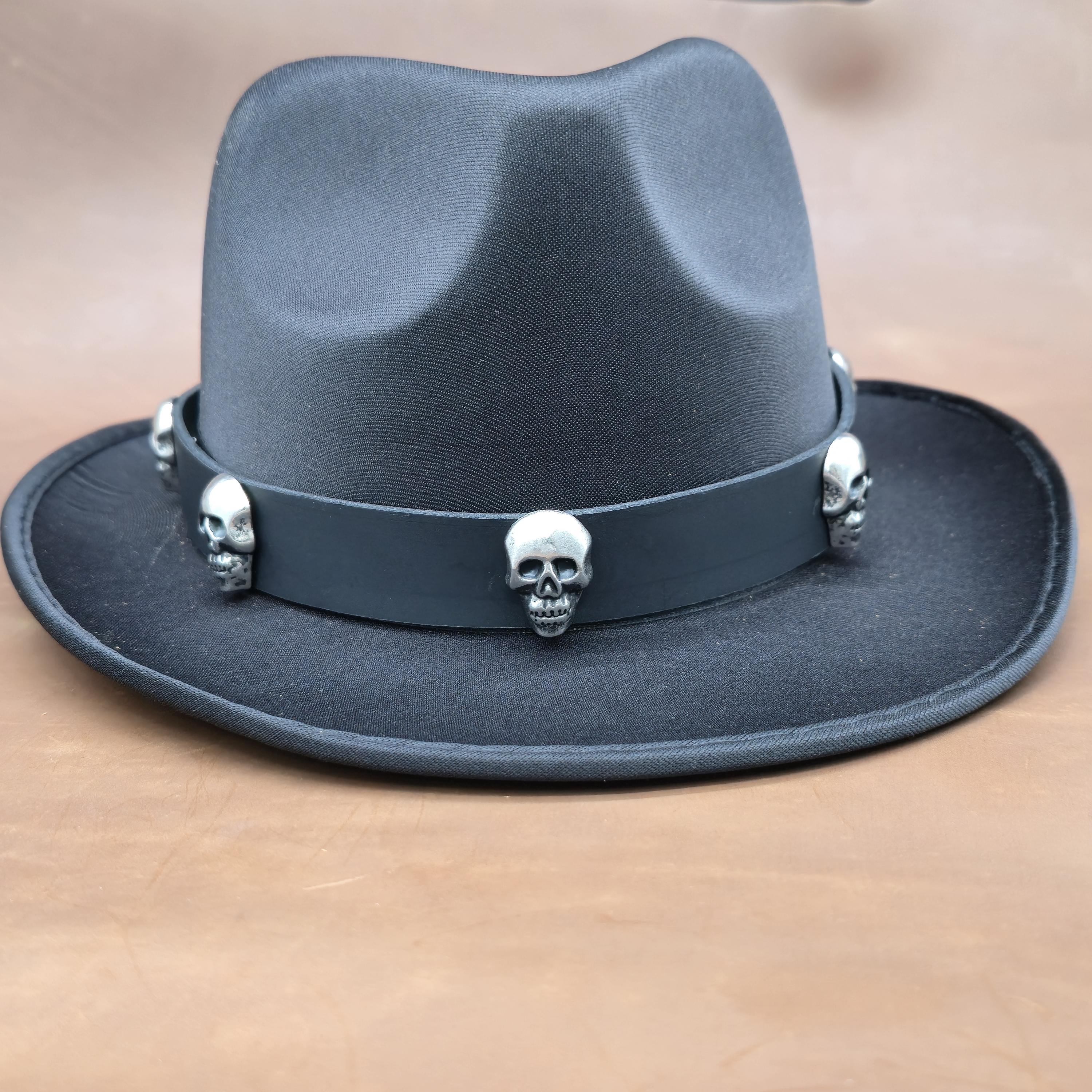 Western Black Fedora Hat Silver Bull Skull Tribal Band Stiff Brim Hat - NEW The Skull in Coffin has quickly become a signature of our  main image 2