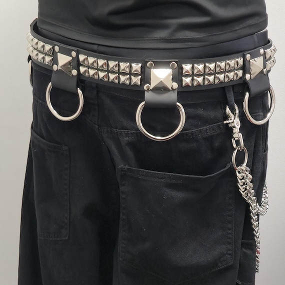 Studded D Ring Leather Belt: Punk Goth Style, Interchangeable