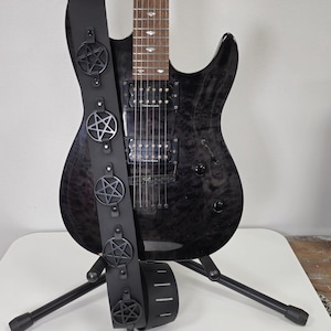 Black Devils Pentagram Guitar Strap Genuine Cowhide Leather English Punk Goth Guitarist Musician Style