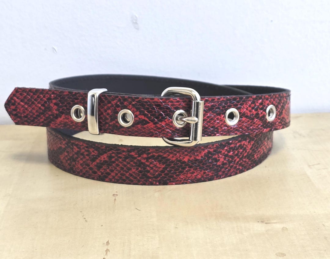 Red Snake Print Embossed Genuine Leather Women\'s Thin Belt-SIZE Medium 34-36 Red Snake Embossed Vegan Leather Belt: 1 main image 3