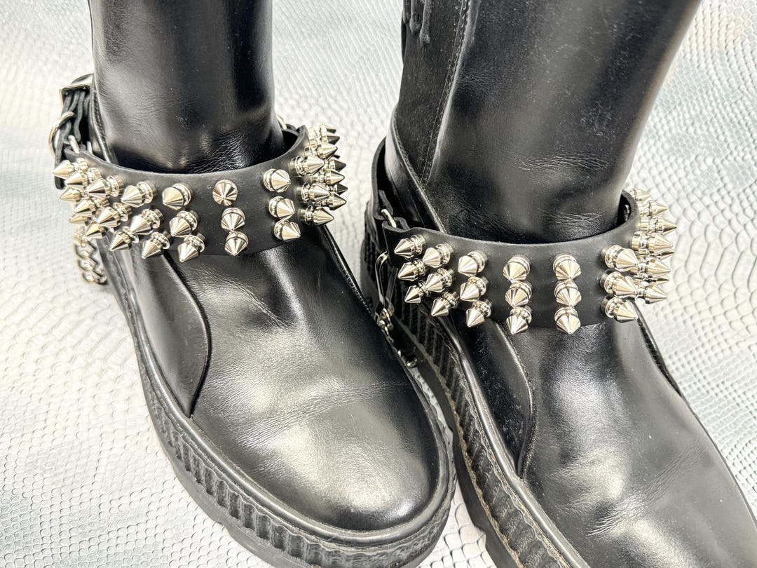 3 Row Small Spike Leather Bootstrap Boot Harness Ring Chain Strap Shoe ...