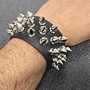 Three Row Spike Leather Bracelet – Punk Goth Cuff By Punkaddict, Black Leather