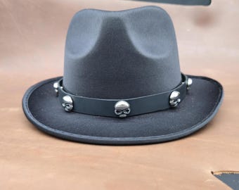 Skull Head Leather Hat Band: Punk Goth Western Style