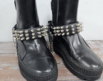 Spiked Leather Boot Straps: Punk Goth Ring Chain Harness