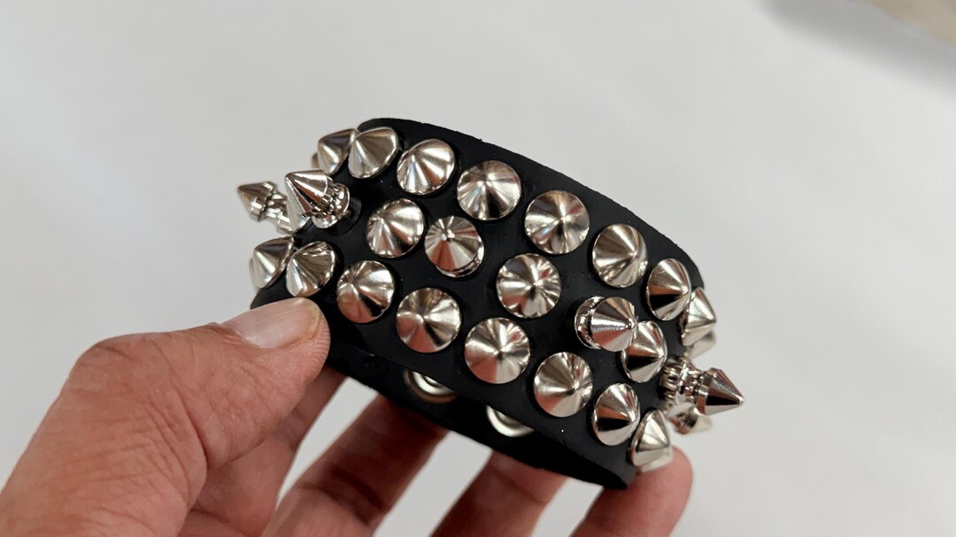 Spike Conical Studded Cuff Genuine Leather Punk Rock Goth Snap Bracelet ...