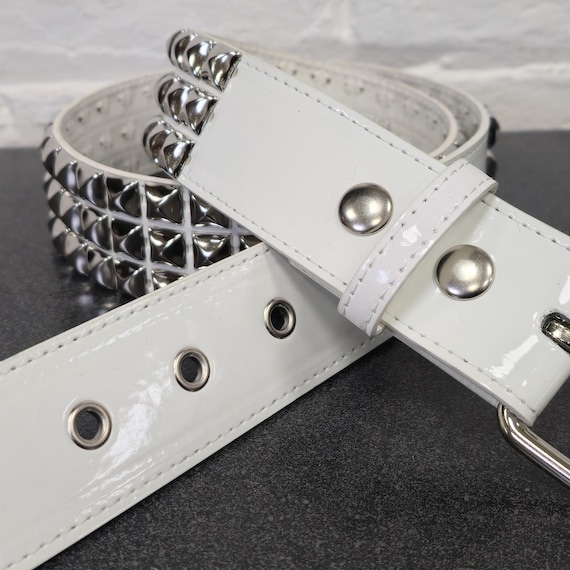 Glossy White Pyramid Studded Belt: Vegan Leather Punk Goth Style