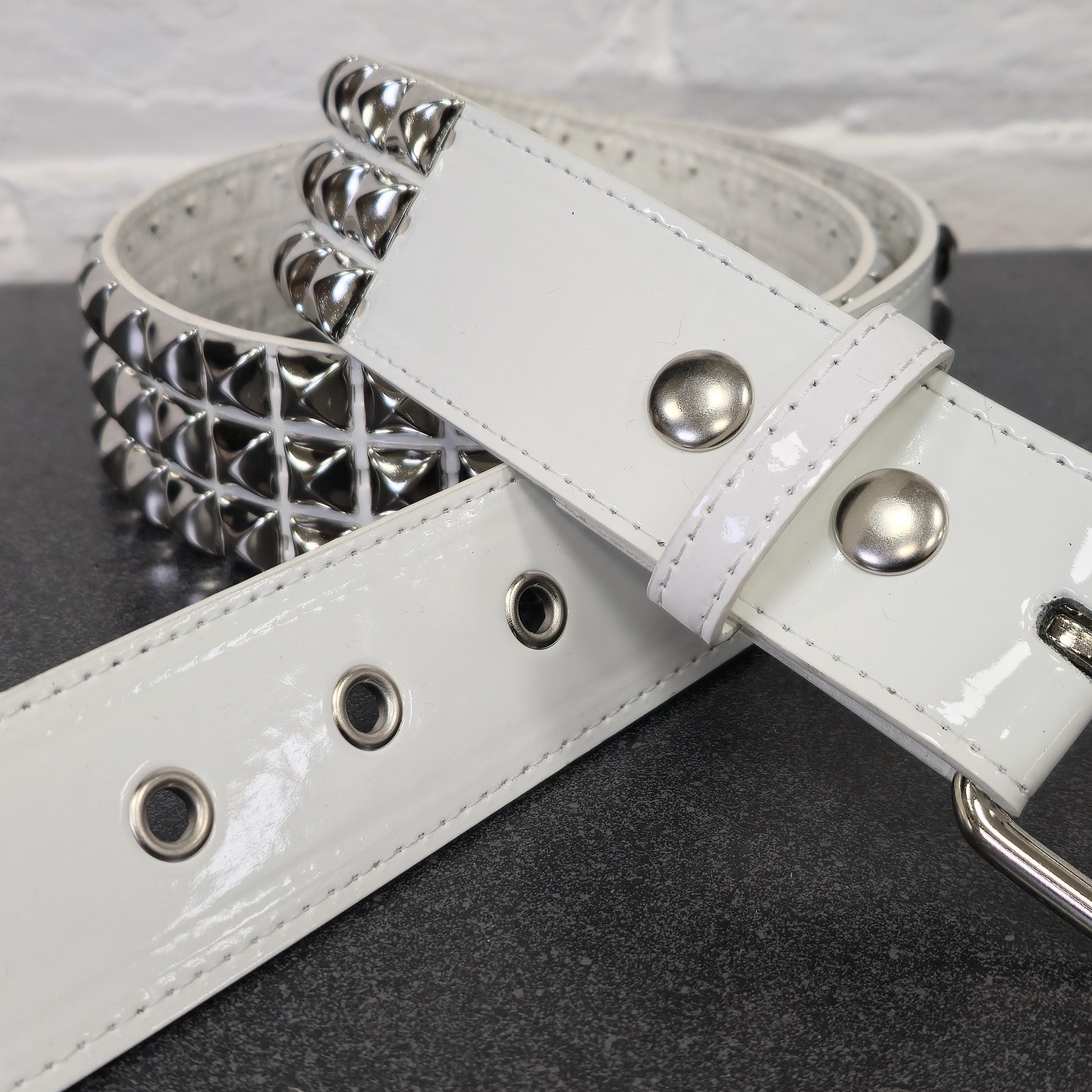 Glossy White Pyramid Studded Belt: Vegan Leather Punk Goth Style