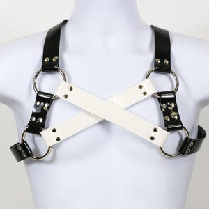 Commercial  Grade PVC Vinyl Black White  &#39;X&#39; Crossed Bulldog Harness Handmade USA