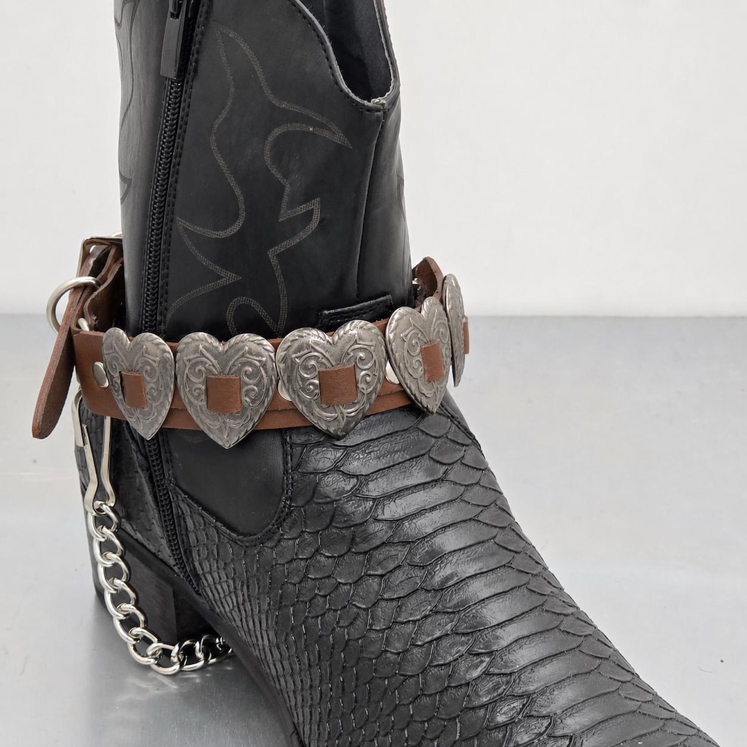 Heart Concho Brown Leather Bootstrap Boot Harness Ring Chain Strap Shoe ...