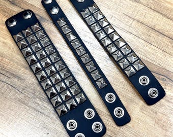 Pointy Top Pyramid Studded Genuine Lather Bracelet Goth Rock Stud Cuff