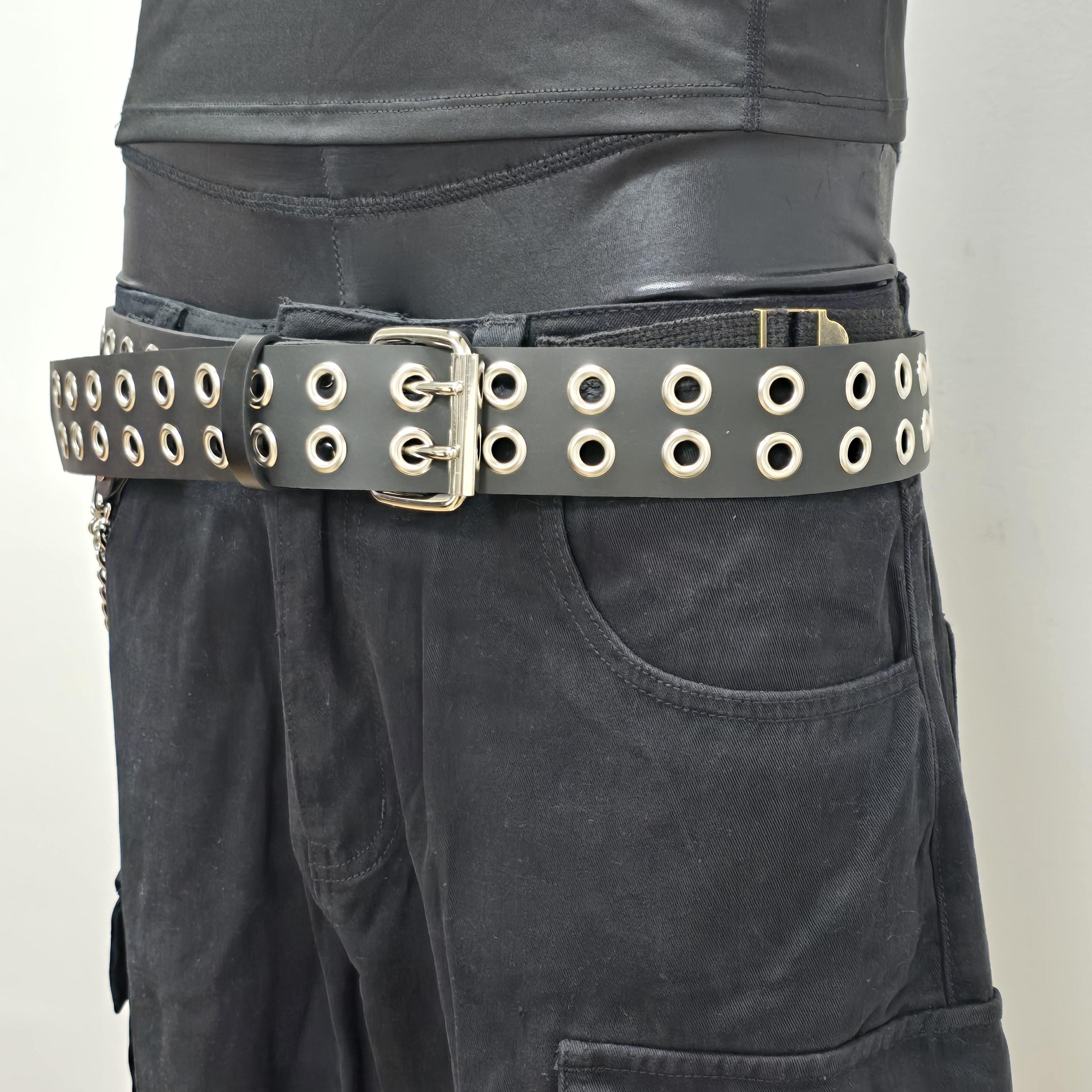 Double Grommet PU Leather Studded Punk Belt Y2K Gothic Waist Belt Black Double Grommet Belt: Gothic Punk Rock Studded Belt - Etsy main image 3