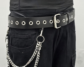 Wide 1 Row Grommet Leather Belt: Punk Rock Goth Style, Double Buckle