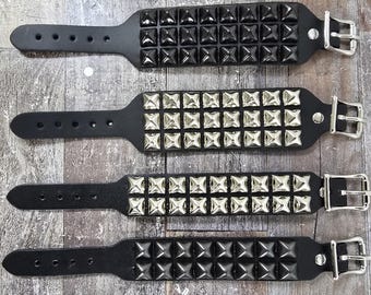 Studded Leather Bracelet: Punk Goth Pyramid Steel Cuff