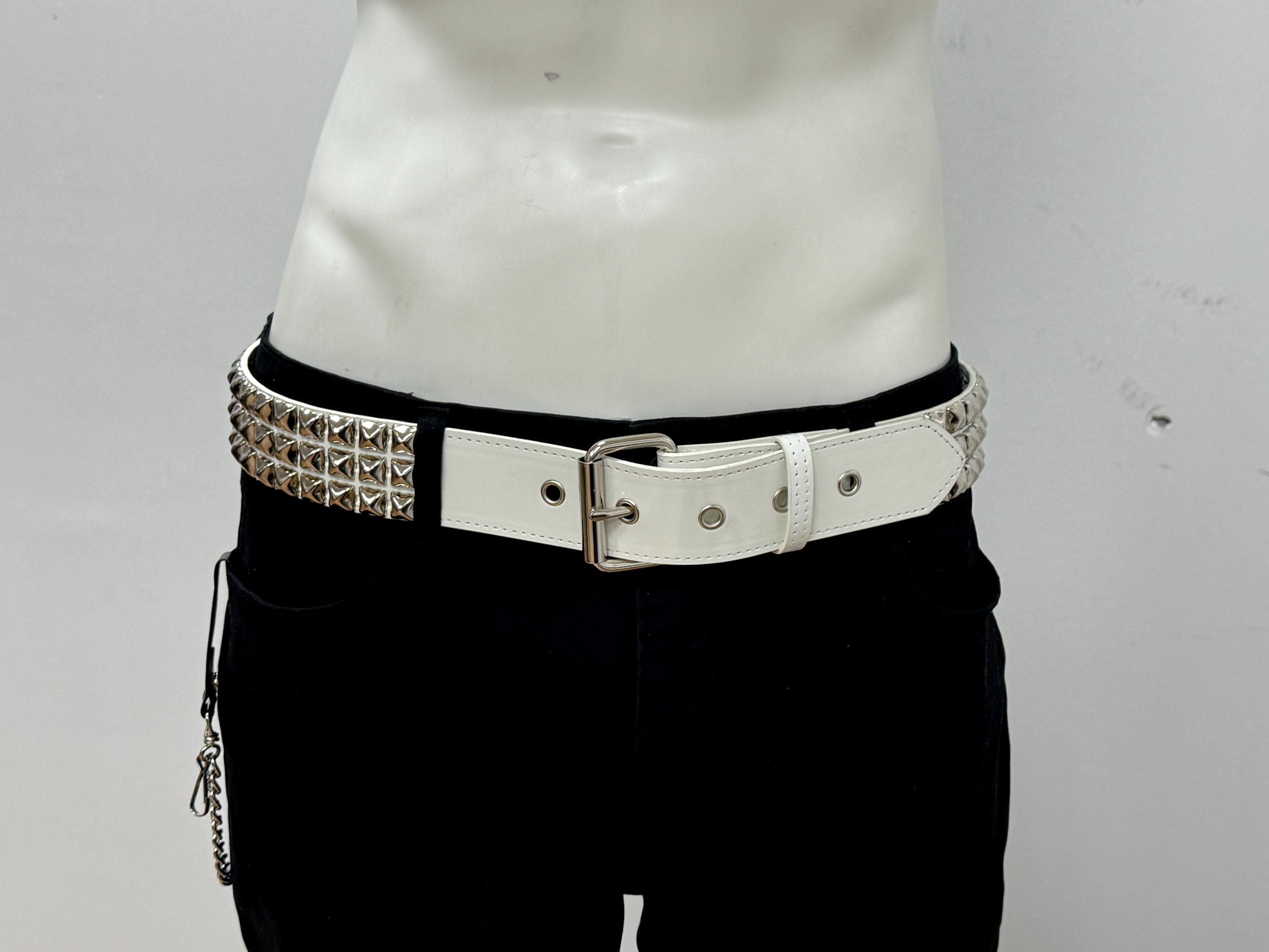 Glossy White Pyramid Studded Belt: Vegan Leather Punk Goth Style
