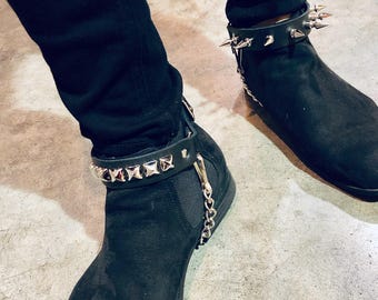 Spike Stud Leather Bootstrap Boot Harness Ring Chain Strap Shoe Strap Punk Goth Alternative