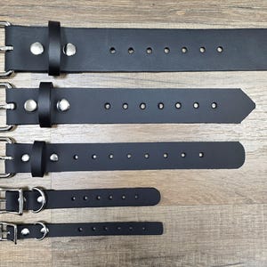 Puede incluir: Cinco cinturones de cuero negro con hebillas plateadas y agujeros ajustables. Los cinturones son de diferentes longitudes y anchos.