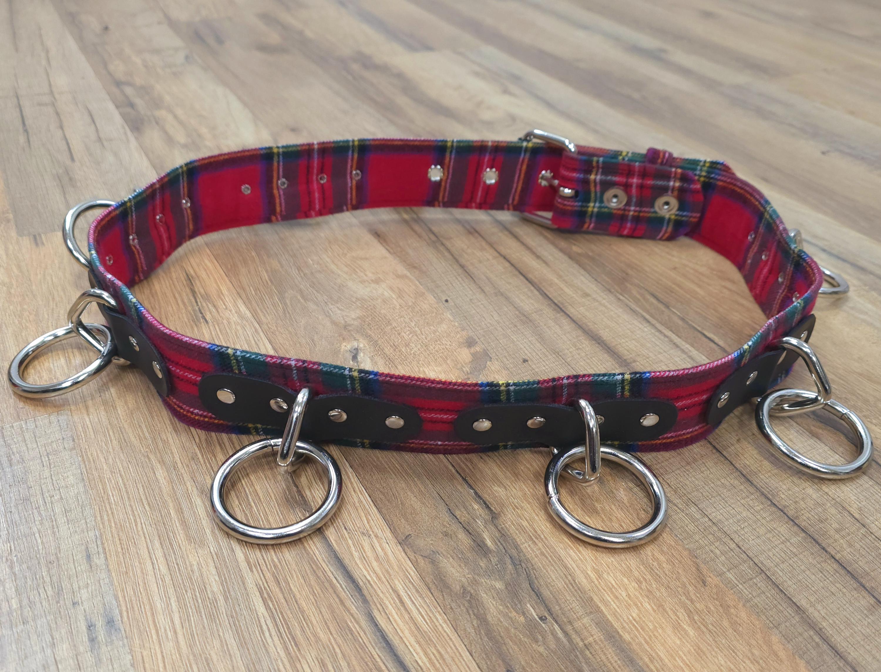 Plaid Bondage Belt, Large O-ring, Genuine Leather, Punk Goth  display picture 2