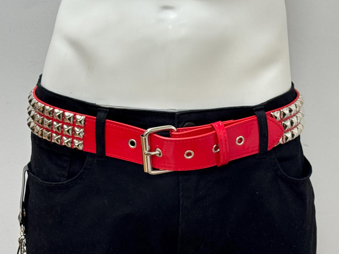 Punk Goth Belt Handmade Three Row Pyramid Stud Belt - Brown
