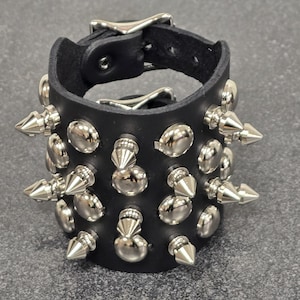 Spike Studded Leather Cuff Bracelet: Punk Goth Double Buckle, 4&quot; Wide