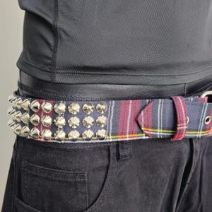 Plaid Blue Three Row Cone  Studded Punk Rock Bonded Leather Inside  Belt Snap Off Roller  Buckle Leather Loop
