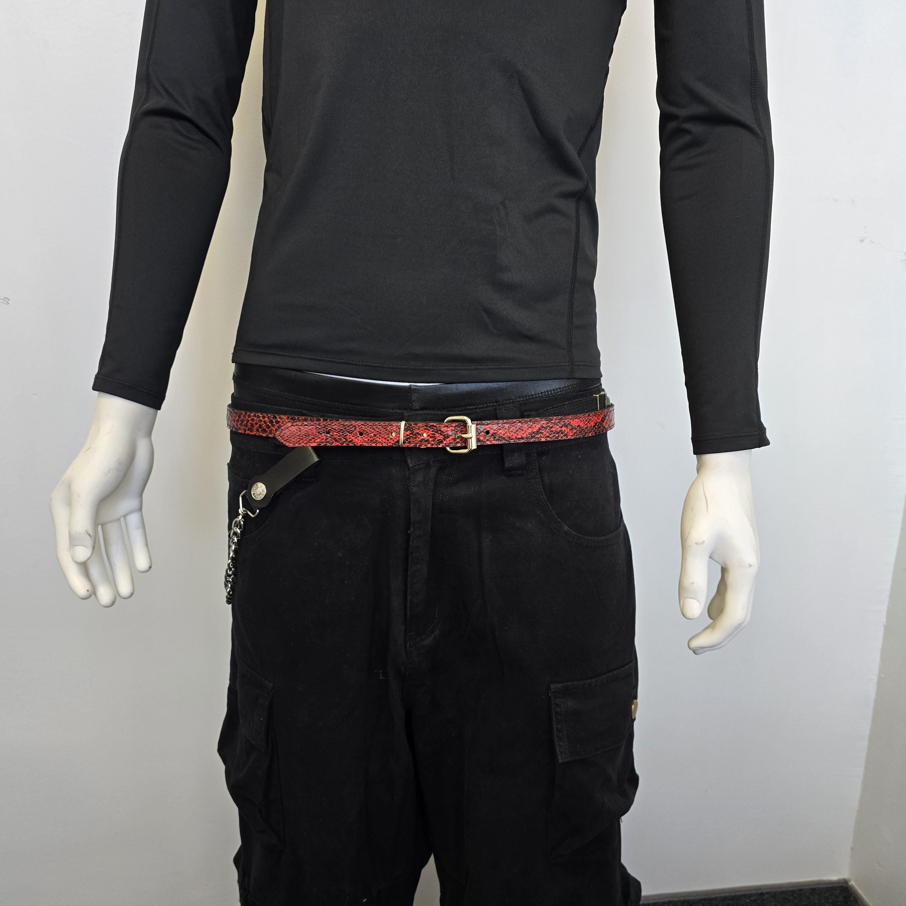 Red Snake Embossed Vegan Leather Belt: Skinny Punk Goth 