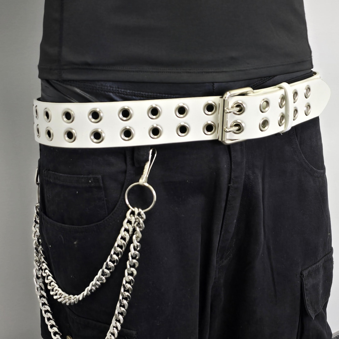 White Leather Grommet Leather Belt: Punk Rock Goth Style, Double